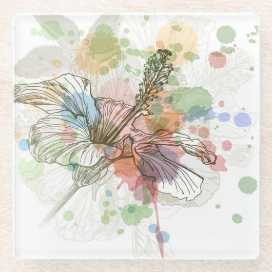 Hibiscus flower & waterverf achtergrond glazen onderzetter (Voorkant)