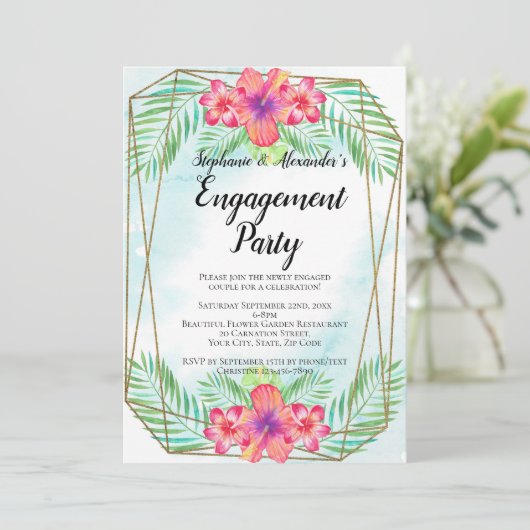 Hibiscus Flower Waterverf Beach Engagement Party Kaart (Staand voorkant)