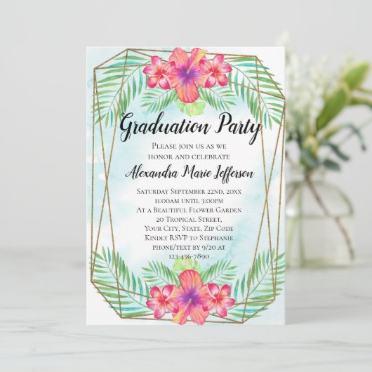Hibiscus Flower Waterverf Beach Graduparty Kaart (Staand voorkant)