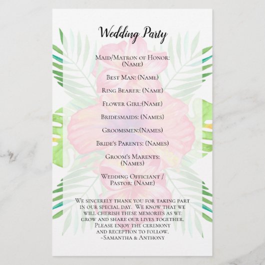 Hibiscus Flower Waterverf Beach Wedding Programme (Achterkant)