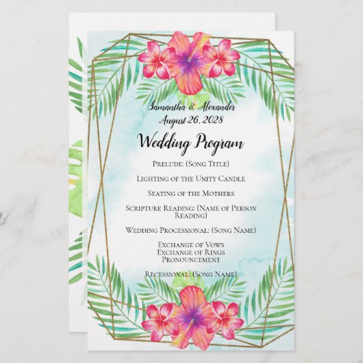 Hibiscus Flower Waterverf Beach Wedding Programme (Voorkant / Achterkant)