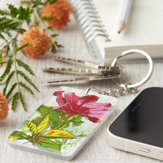 Hibiscus flower - waterverf verf sleutelhanger (Voorkant Rechts)