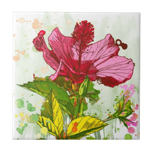 Hibiscus flower - waterverf verf tegeltje (Voorkant)
