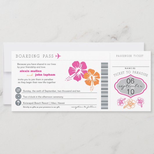 Hibiscus Flowers Boarding Pass Weduwen Uitnodiging (Voorkant)
