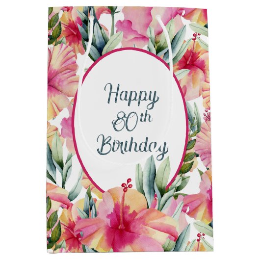 Hibiscus Flowers for 80th Birthday Medium Cadeauzakje (Voorkant)