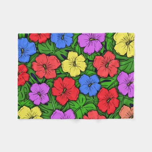 Hibiscus Flowers & Monstera Leaves Fleece Deken (Voorkant (Horizontaal))