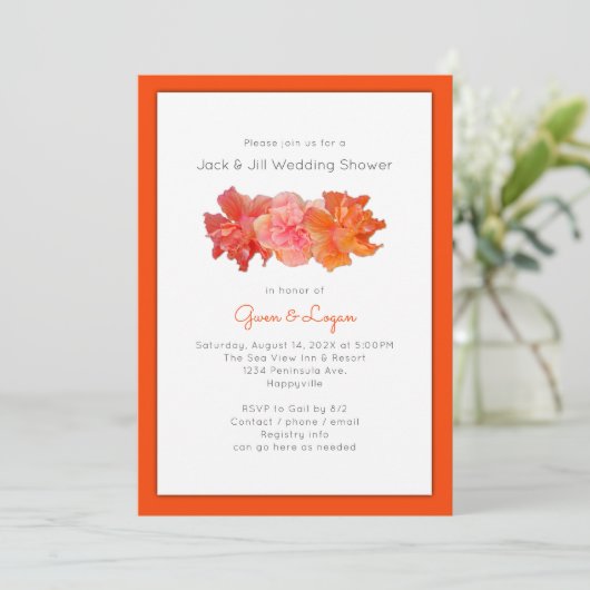 Hibiscus Flowers Oranje Wedding Shower Kaart (Staand voorkant)