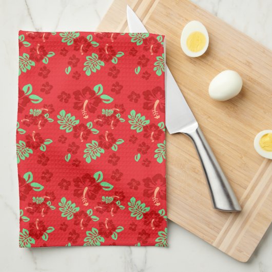 Hibiscus Flowers Red Tropical Pattern Theedoek (Quarter Fold)