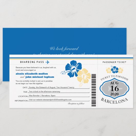 Hibiscus Flowers Spain Boarding Pass Wedding Kaart (Voorkant / Achterkant)