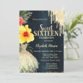 Hibiscus Gold Drips, Jurk Donkerblauw Zoet 16 Kaart (Staand voorkant)