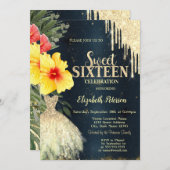 Hibiscus Gold Drips, Jurk Donkerblauw Zoet 16 Kaart (Voorkant / Achterkant)