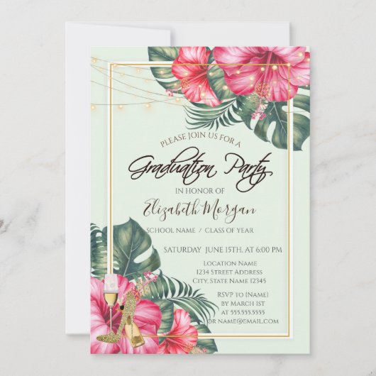 Hibiscus, Gold Heels Glitter Afstuderen Kaart (Voorkant)