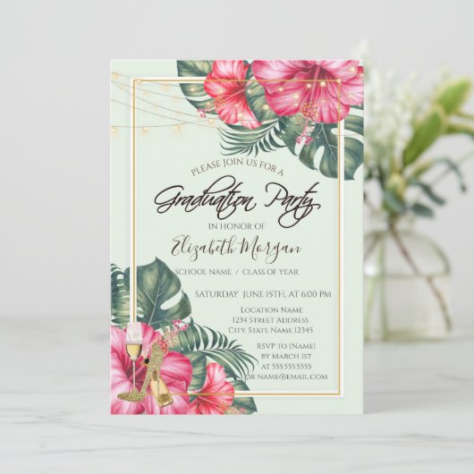 Hibiscus, Gold Heels Glitter Afstuderen Kaart (Staand voorkant)