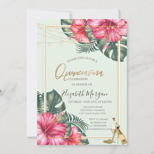 Hibiscus, Gold Heels Glitter Quinceanera Kaart (Voorkant)