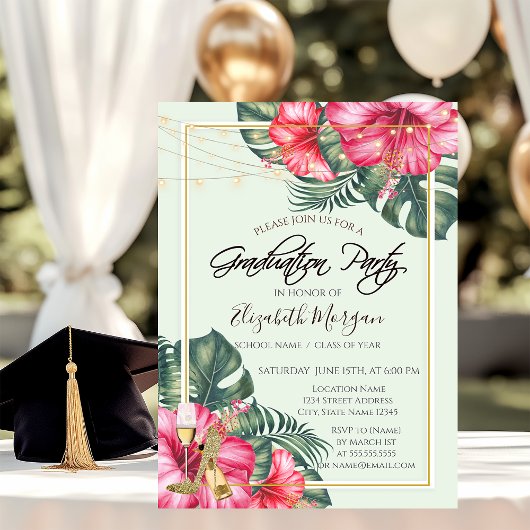 Hibiscus, Gouden Hakken Glitter Afstuderen Kaart