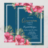 Hibiscus, Graduation Cap Blue Quinceañera Kaart (Voorkant / Achterkant)