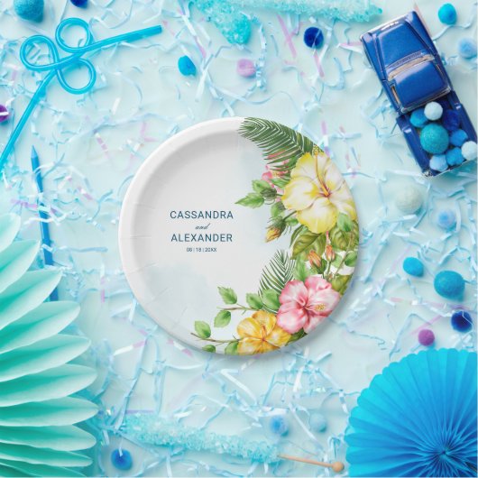 Hibiscus Hawaiian Tropical Floral Wedding Papieren Bordje (Feest)