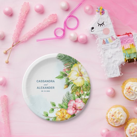 Hibiscus Hawaiian Tropical Floral Wedding Papieren Bordje (Feest)