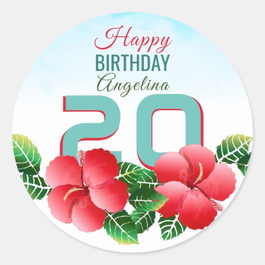 Hibiscus Hawaiian Tropical Personalized Birthday Ronde Sticker (Voorkant)