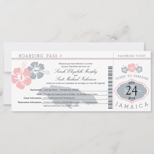 Hibiscus Jamaica Boarding Pass Wedding Kaart (Voorkant)