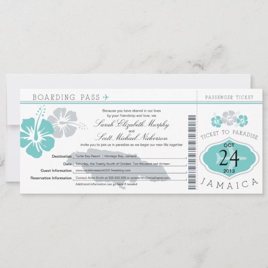 Hibiscus Jamaica Boarding Pass Wedding Kaart (Voorkant)