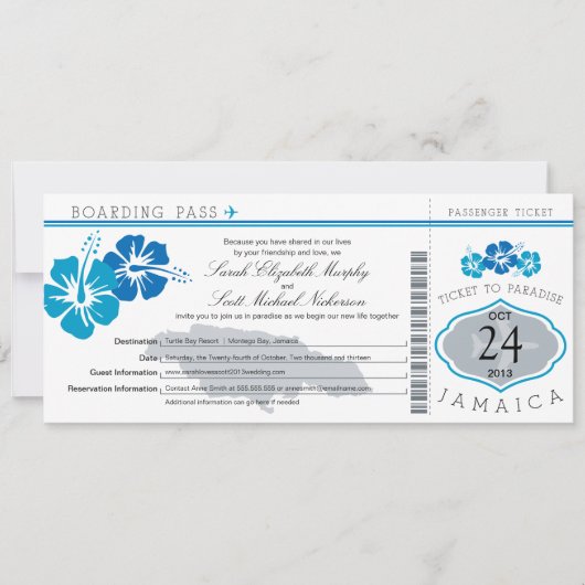 Hibiscus Jamaica Boarding Pass Wedding Kaart (Voorkant)