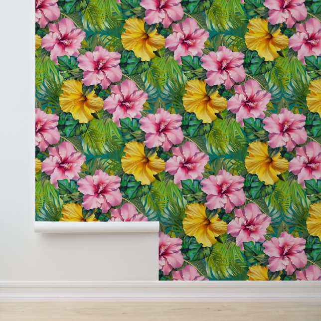 Hibiscus Jungle Seamless Pattern Behang (Applicatie)