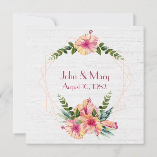 Hibiscus kader voor jubileum op hout met witte afw kaart (Voorkant)