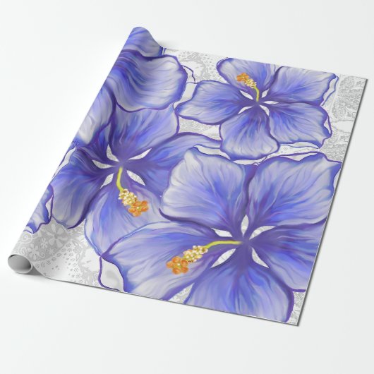 Hibiscus & kant BLAUW Cadeaupapier (Uitgerold)