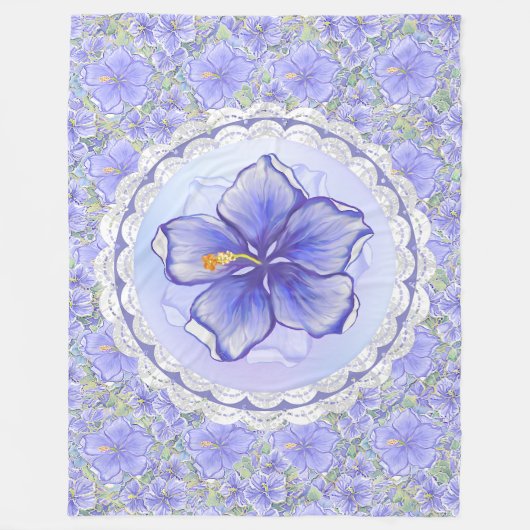 Hibiscus & kant BLAUW Fleece Deken (Voorkant)