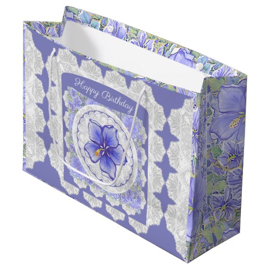 Hibiscus & kant BLAUW Groot Cadeauzakje (Voorkant Gekanteld)