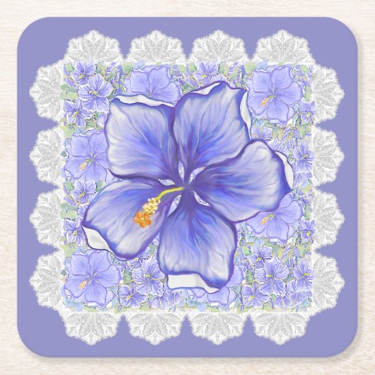Hibiscus & kant BLAUW Kartonnen Onderzetters (Voorkant)