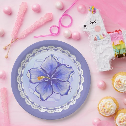 Hibiscus & kant BLAUW Papieren Bordje (Feest)