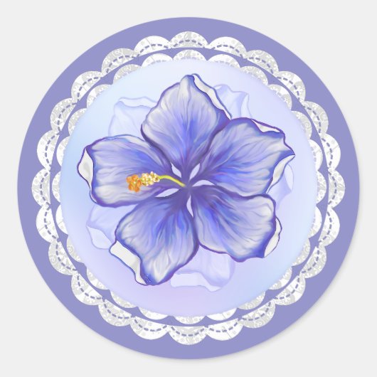 Hibiscus & kant BLAUW Ronde Sticker (Voorkant)