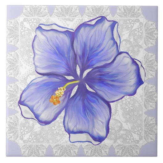 Hibiscus & kant BLAUW Tegeltje (Voorkant)