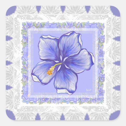 Hibiscus & kant BLAUW Vierkante Sticker (Voorkant)