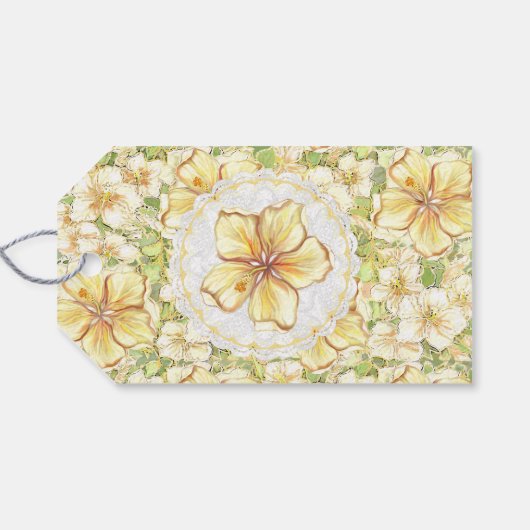 Hibiscus & kant GEEL Cadeaulabel (Achterkant Horizontaal)