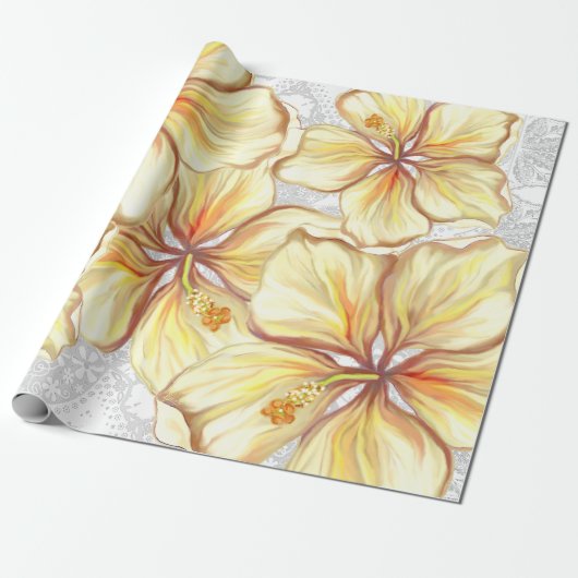 Hibiscus & kant GEEL Cadeaupapier (Uitgerold)