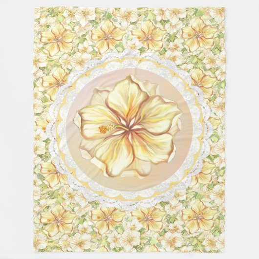 Hibiscus & kant GEEL Fleece Deken (Voorkant)