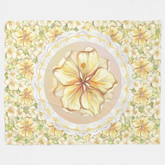 Hibiscus & kant GEEL Fleece Deken (Voorkant (Horizontaal))