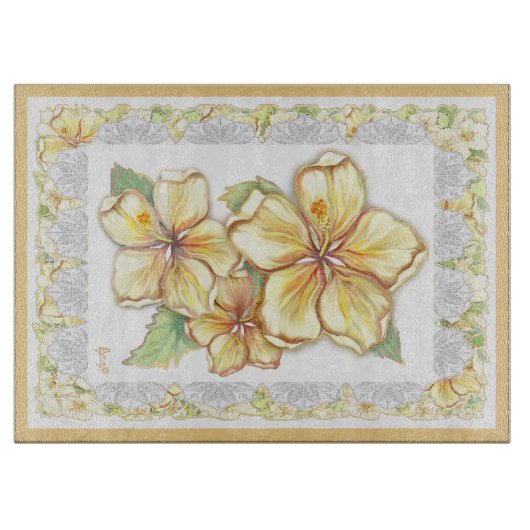 Hibiscus & kant GEEL Snijplank (Voorkant)