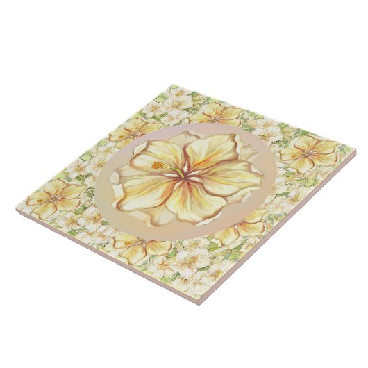 Hibiscus & kant GEEL Tegeltje (Zijkant)