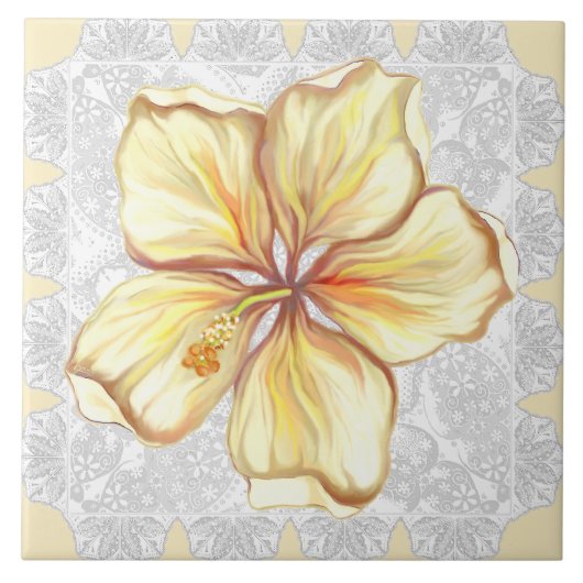 Hibiscus & kant GEEL Tegeltje (Voorkant)