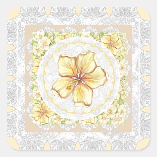 Hibiscus & kant GEEL Vierkante Sticker (Voorkant)