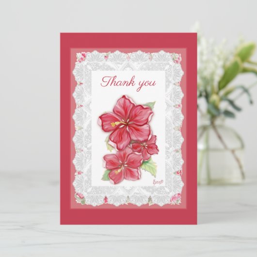 Hibiscus & kant ROOD Bedankkaart (Staand voorkant)