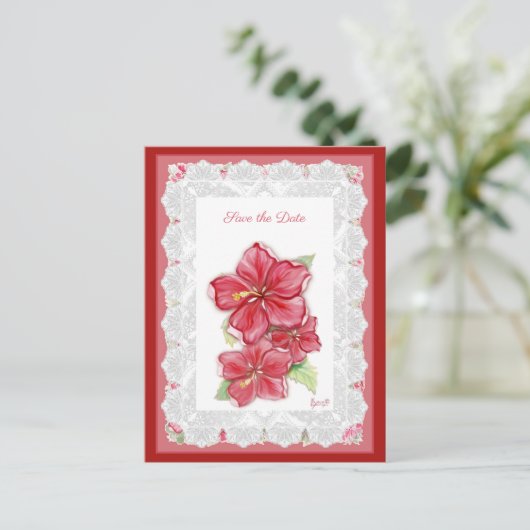 Hibiscus & kant ROOD Briefkaart (Staand voorkant)