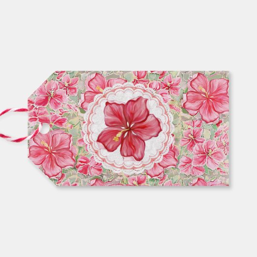 Hibiscus & kant ROOD Cadeaulabel (Achterkant Horizontaal)