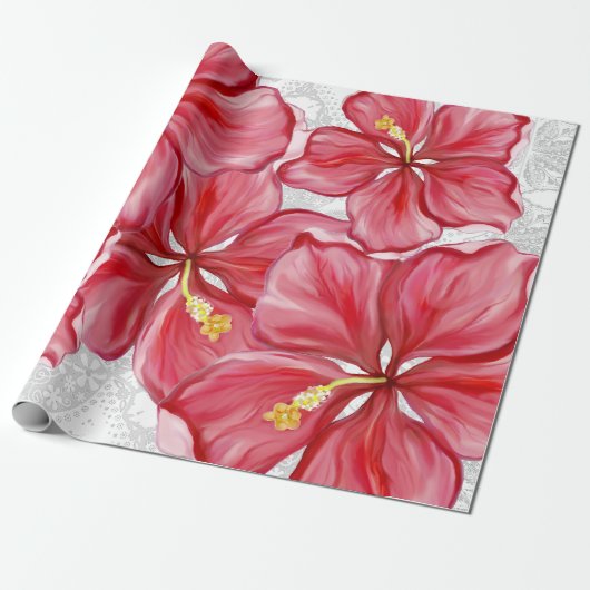 Hibiscus & kant ROOD Cadeaupapier (Uitgerold)