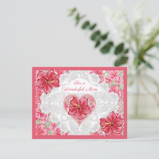 Hibiscus & kant ROOD Feestdagenkaart (Staand voorkant)