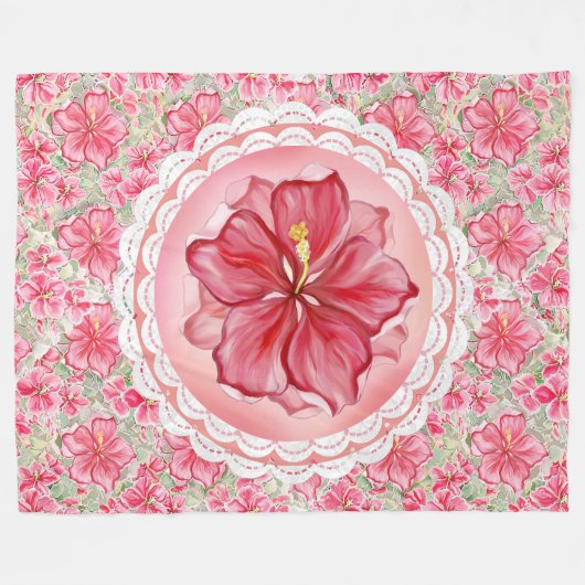 Hibiscus & kant ROOD Fleece Deken (Voorkant (Horizontaal))